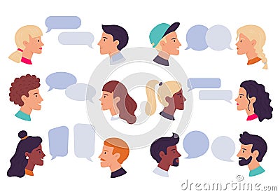 Speaking people. Couple conversation, dialogue bubbles and chat avatars profile portraits talk together vector Vector Illustration