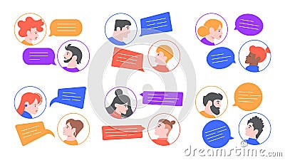 Speaking people. Men and women profile avatars conversation, young couple speaking, chatting together. People Vector Illustration