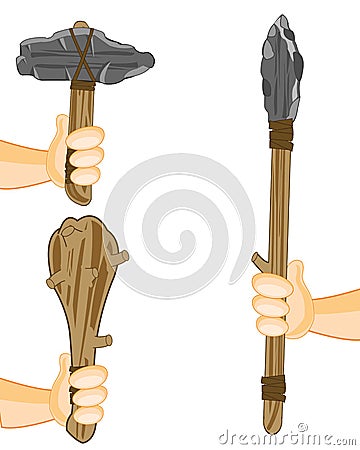 Spear with axe and bat of the stone age in hand of the person Vector Illustration