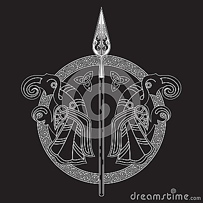 The Spear Of The God Odin - Gungnir. Two ravens and Scandinavian pattern Vector Illustration