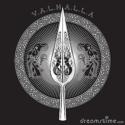 The Spear Of The God Odin - Gungnir. Two ravens and Scandinavian pattern Vector Illustration