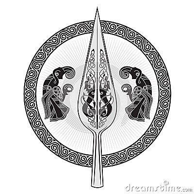 The Spear Of The God Odin - Gungnir. Two ravens and Scandinavian pattern Vector Illustration