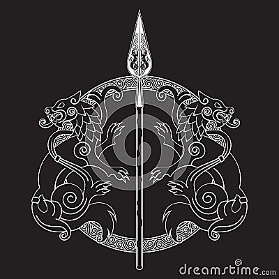 The Spear Of The God Odin - Gungnir. Two wolves and Scandinavian pattern Vector Illustration