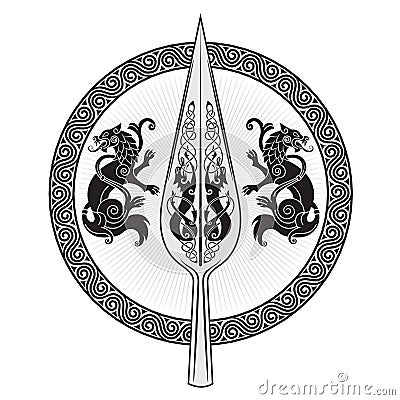 The Spear Of The God Odin - Gungnir. Two wolves and Scandinavian pattern Vector Illustration