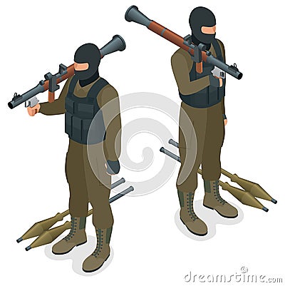 Spec ops police officers SWAT in black uniform. Soldier, officer, sniper, special operation unit, SWAT flat 3d isometric Vector Illustration