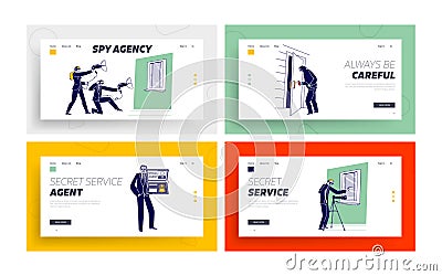 Special Agents Spying Landing Page Template Set. People Spraying Poison on Door Handle, Use Technics and Equipment Vector Illustration