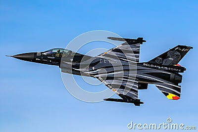 Special airshow painted Belgian Air Force F-16 Viper fighter jet in flight. Belgium - September 14, 2019 Editorial Stock Photo