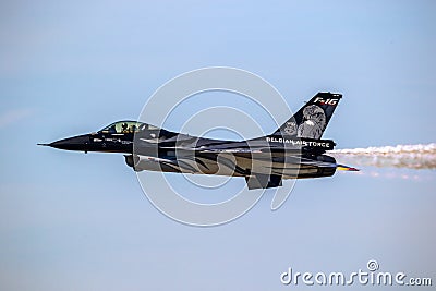 Special airshow painted Belgian Air Force F-16 Viper fighter jet in flight. Belgium - September 14, 2019 Editorial Stock Photo