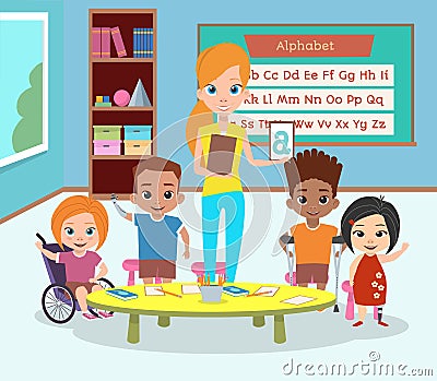 A special class of disabled children. Children with disabilities Vector Illustration