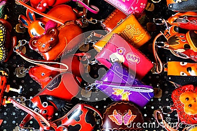 Special, colourful, and funny handmade leather bags art toys Stock Photo