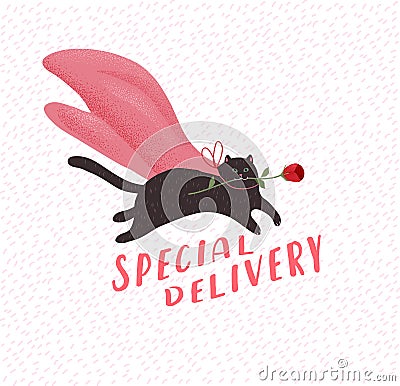 Special delivery. Cute cats in love. Romantic Valentines Day greeting card or poster. Hero Kitten fly with rose in mouth Vector Illustration