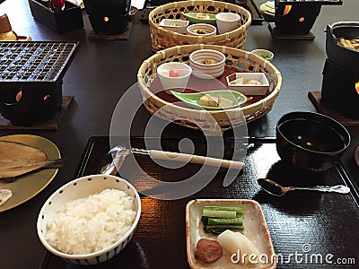 Special dishes of the famous Japanese cuisine Kaiseki in Yudanaka Stock Photo