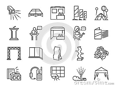 Special event line icon set. Included the icons as expo, festival, equipment, special effect, booth and more. Vector Illustration