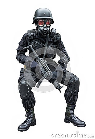 Special force soldier sitting in isolation backgro Stock Photo