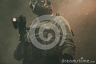 Special force soldier between smoke and dust Stock Photo