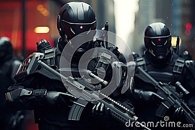 Special forces of Catalonia in action during the Barcelona Comic Con, Stealth Guardians: Elite troops equipped with high-tech face Stock Photo