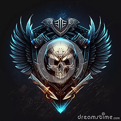 Special forces colored logo emblem with winged skull. Futuristic fantasy sci-fi military chevron Stock Photo