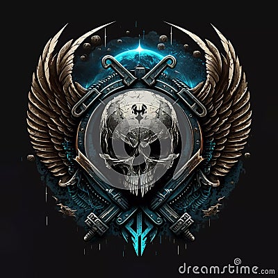 Special forces colored logo emblem with winged skull. Futuristic fantasy sci-fi military chevron Stock Photo
