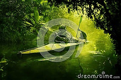 Special forces in the military kayak in the jungle Stock Photo