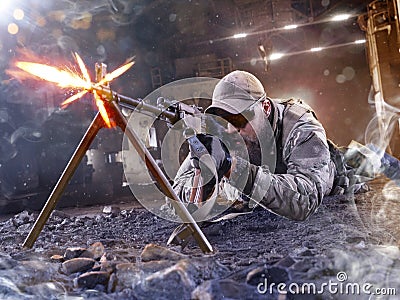 Special forces sniper is shooting the enemy Stock Photo