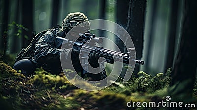Special forses forest ambush. Stock Photo