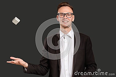 Special gift holiday sale cheerful man jewelry box Stock Photo