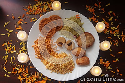 Special Indian Dishes. Mix in Plate. Yummy. Season of festivals. Indian food. Indian snacks. Stock Photo