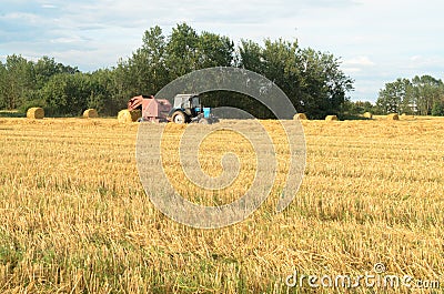 Special machines for harvesting form round bales of hay. Stock Photo