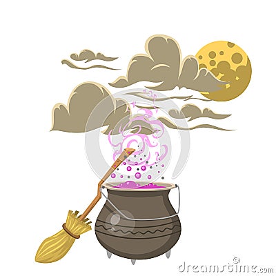 Special magic spell pot with broom trick symbol magician and surprise entertainment fantasy carnival mystery tools Vector Illustration