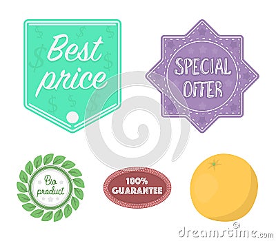 Special offer, best prise, guarantee, bio product.Label,set collection icons in cartoon style vector symbol stock Vector Illustration