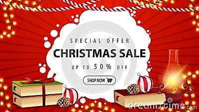 Special offer, Christmas sale, up to 50% off, beautiful red discount banner with antique lamp, Christmas books, Christmas ball Vector Illustration
