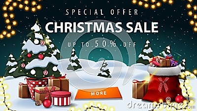 Special offer, Christmas sale, up to 50% off, discount banner with winter landscape. starry sky, garland, button, Christmas tree Vector Illustration