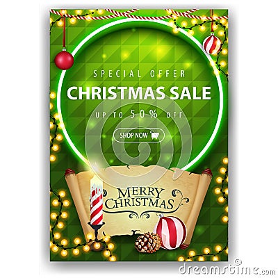 Special offer, Christmas sale, up to 50% off, green vertical discount banner with Christmas candle, old parchment, Christmas ball Vector Illustration