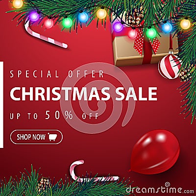 Special offer, Christmas sale, up to 50% off, red square discount banner with garland, Christmas tree, ball, balloon, present Stock Photo