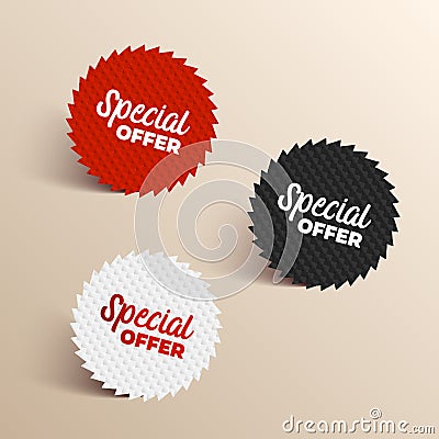 Special offer color banners. Black, red and white colored special offer icons. Cartoon Illustration