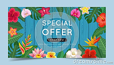 Special offer colorful banner with tropical flowers and leaves and wooden background. Circular frame. Vector Vector Illustration