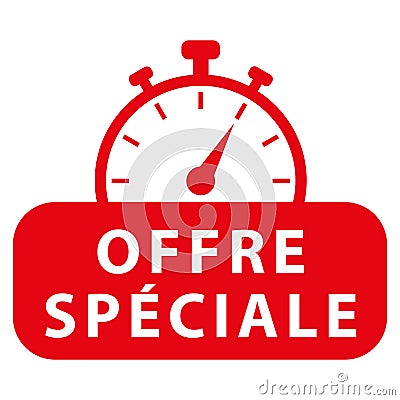 Special offer in french. Red vector icon with chronometer. Vector Illustration