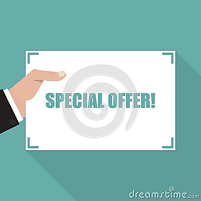 Special offer. Hand with sheet of paper with long shadow Stock Photo