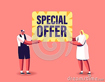 Special Offer, Sale Concept. Man and Woman Promoters Hold Huge Banner with Promotion Text. Shop Discount or Price Off Vector Illustration