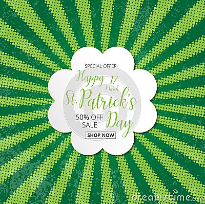 Special offer sale text badge with green clover leaves halfton Vector Illustration
