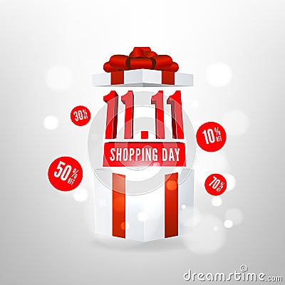 Special offer 11.11 Shopping day discount symbol with open gift box. Global shopping world day sale promotion. Vector Illustration