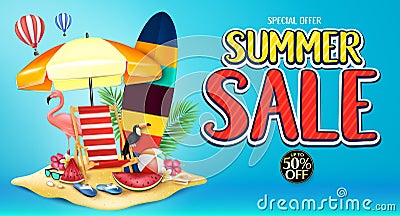 Special Offer Summer Sale Banner Advertisement in Blue Background with Realistic Toucan, Flamingo Vector Illustration