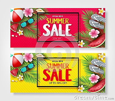 Special Offer Summer Sale Banners with Palm Tree Leaves, Flowers, Watermelon, Sunglasses and Slippers in Red and Yellow Patterned Vector Illustration