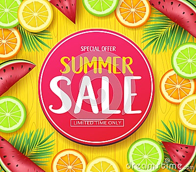 Special Offer Summer Sale in Circle Tag Poster with Tropical Fruits Such as Orange, Lime, Lemon and Watermelon Vector Illustration