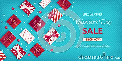 Special offer Valentine`s Day Sale. Discount flyer, big seasonal sale. Horizontal Web Banner with many holiday gift Boxes Vector Illustration