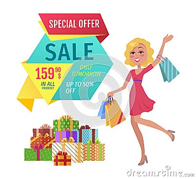 Special offer vector banner with person shopping Vector Illustration