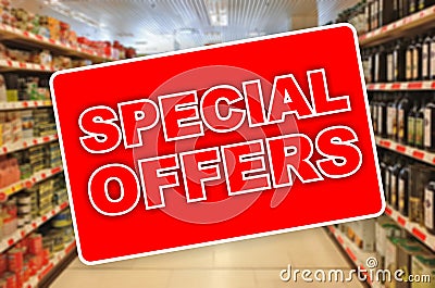 Special offers red label on an abstract Supermarket background Stock Photo