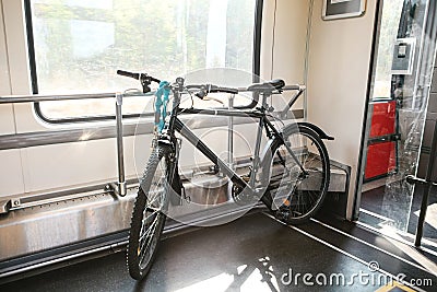 Special place to transport bicycles in the train. Stock Photo