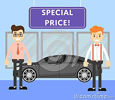 Special price for auto concept with car salesmen Cartoon Illustration