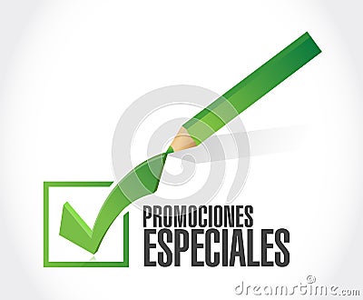 special promotions in Spanish check mark sign Cartoon Illustration